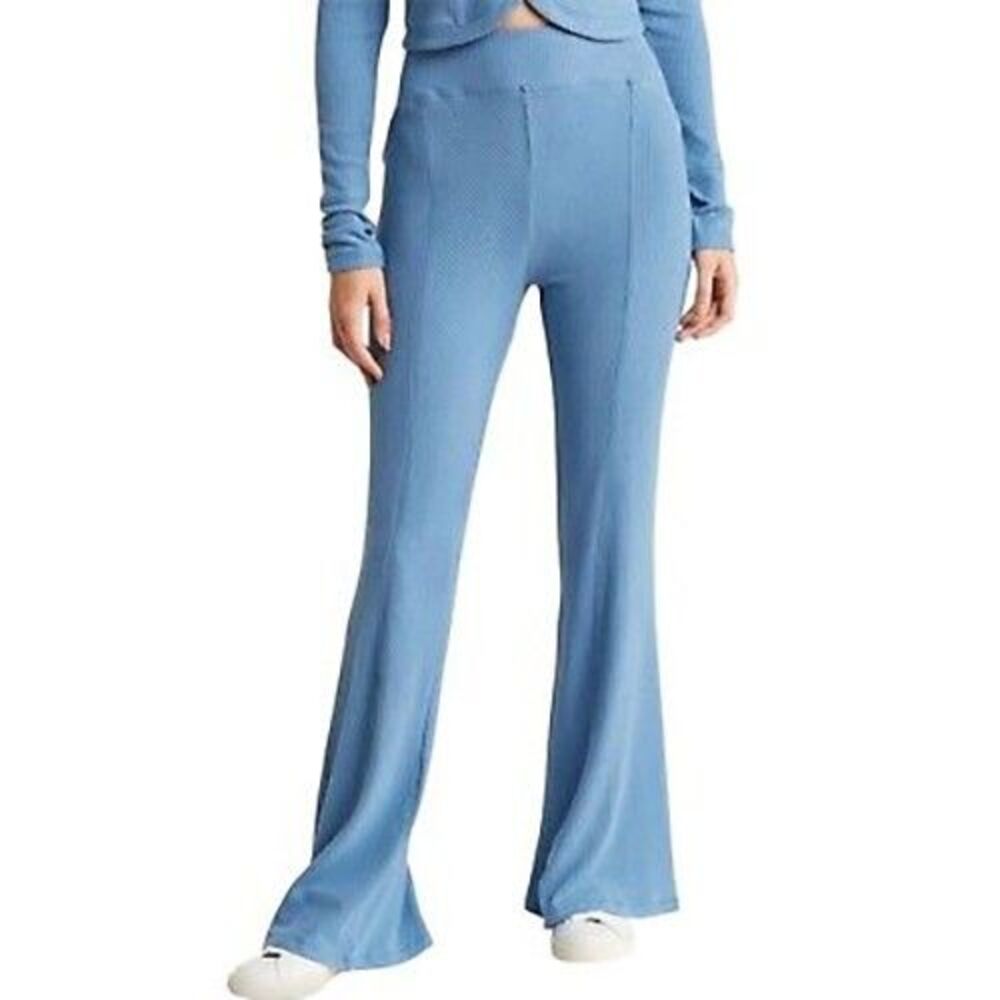 Area Stars Ribbed Knit Flare Leg Pants S Full Length Pull On Blue NWT B71